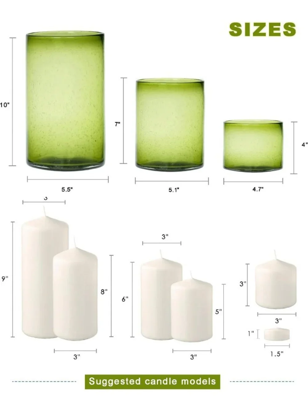 Set of 3 Spring Green Hurricane Candle Holders - Elegant Home Decor Accent